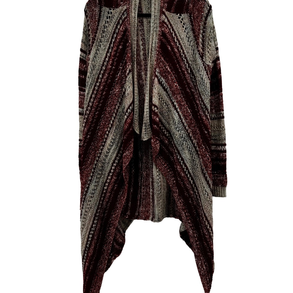 Open Front Waterfall Cardigan Burgundy Striped Sweater‎ Women's Sz M Boho Cozy